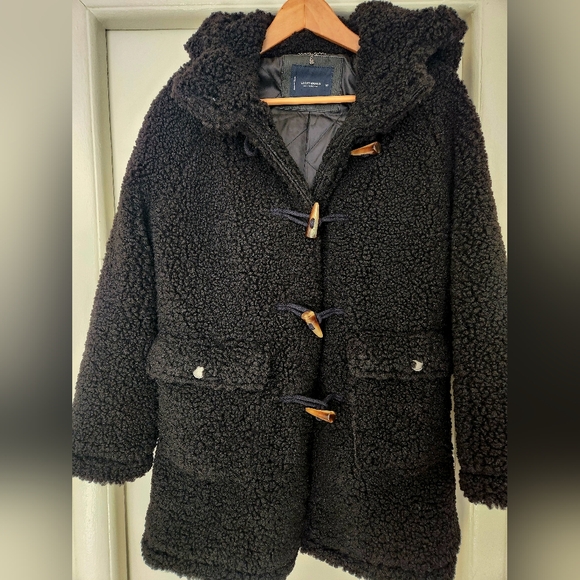 LUCKY BRAND FAUX FUR SHEARLING HOODIE TOGGLE BUTTON SHERPA COAT WOMEN Sz.XS Blk - Picture 4 of 12